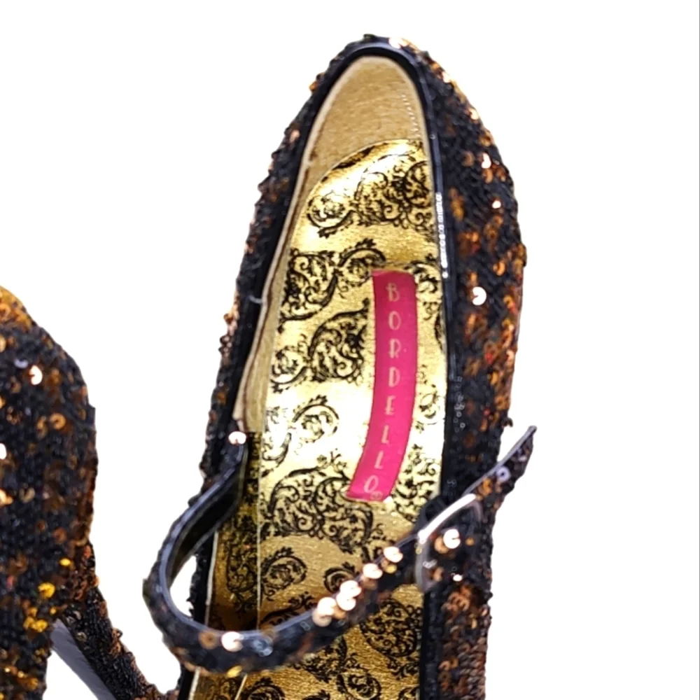 Black And Gold Sequined Mary Jane Pumps